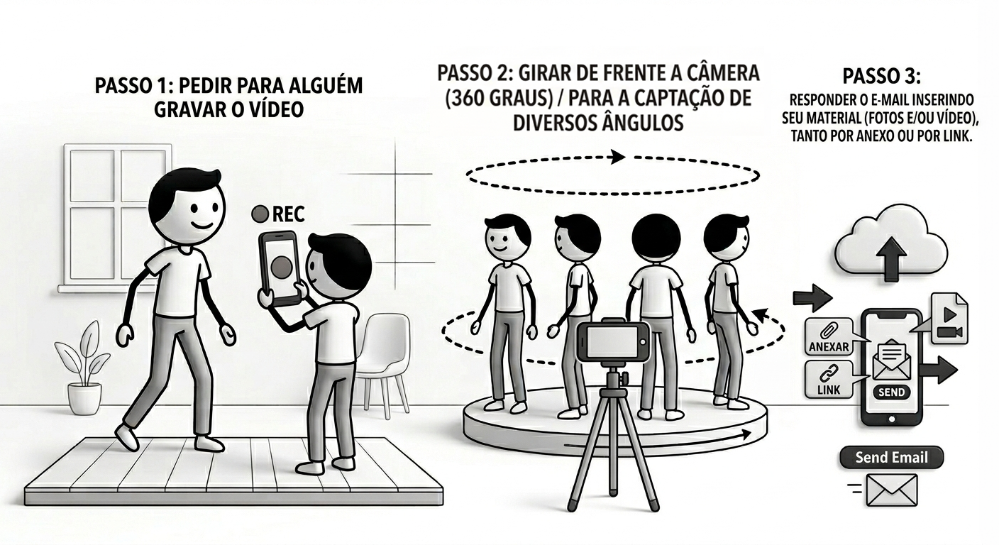 Ilustração com instruções de pós-venda mostrando gravação de vídeo, giro em 360 graus e envio do material por e-mail.